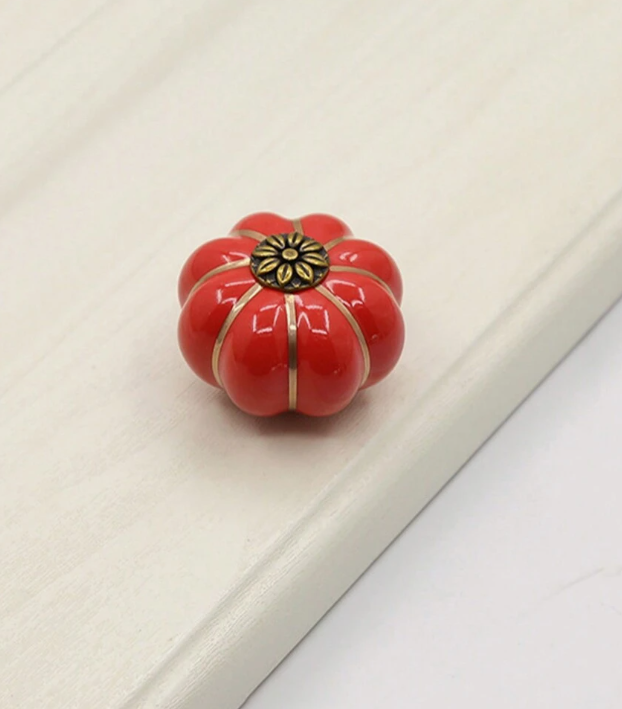 6pcs Pumpkin Shaped Ceramic Pull Handle, Stainless Steel & Wood Cabinet/Drawer Knobs, Rustic Style