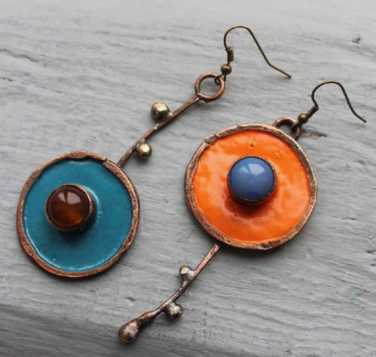 Asymmetric Ancient Bronze Metal Painting Drop Earrings