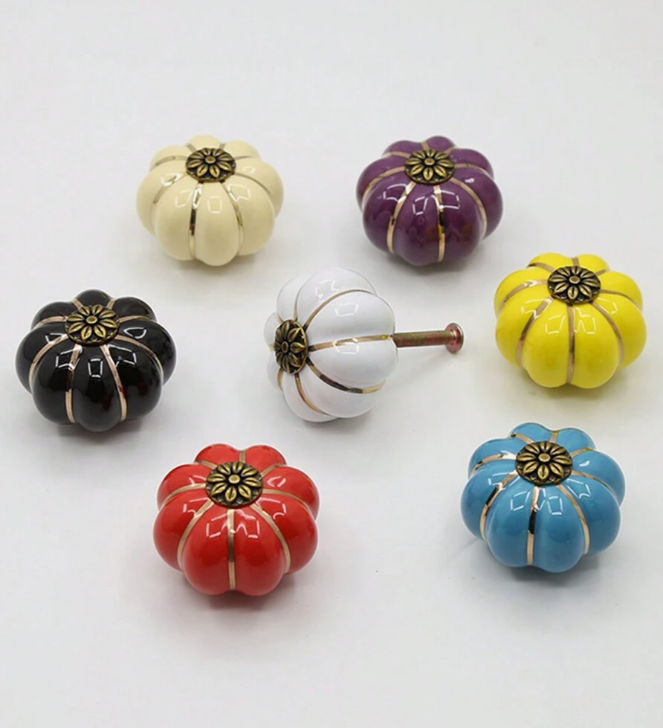 6pcs Pumpkin Shaped Ceramic Pull Handle, Stainless Steel & Wood Cabinet/Drawer Knobs, Rustic Style
